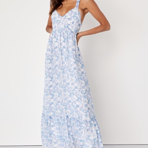 Lulus My Love Story White Floral Print Tie-back Maxi Dress Blue - Size S - Picture 1 of 1
